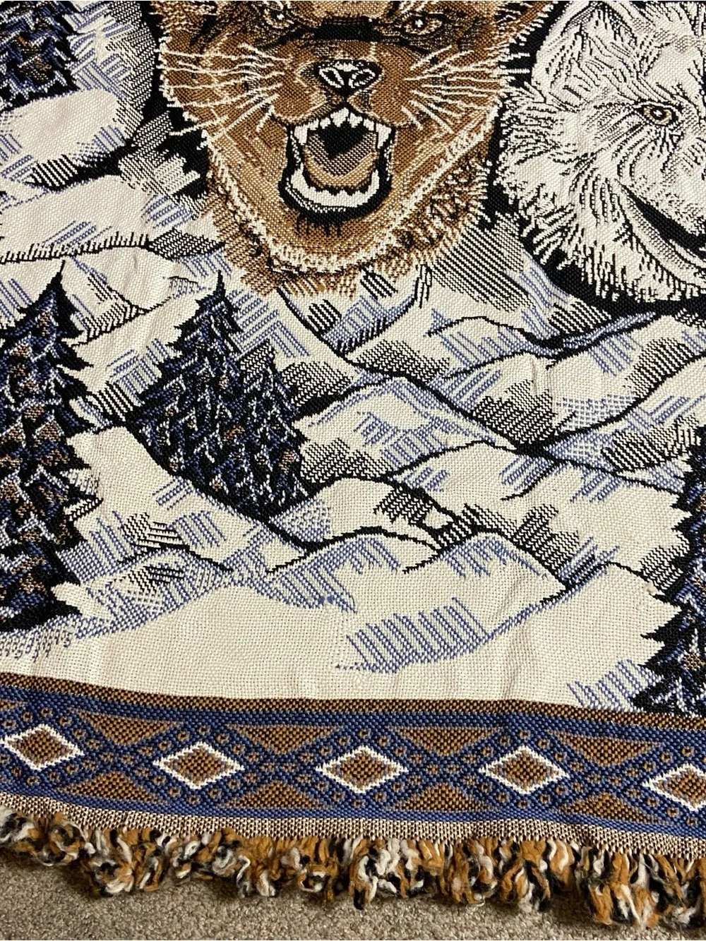 Eagle, Wolf & Cougar Woven Tapestry Throw - Blue, White & Brown 56 x 48 inches